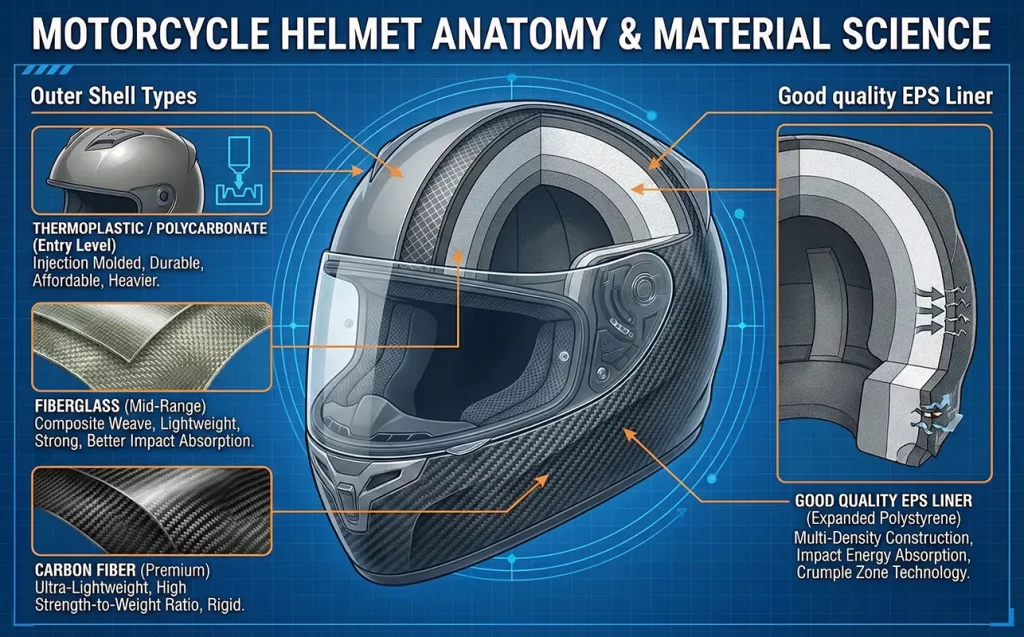 How to Choose a Motorcycle Helmet That Actually Saves Lives: Complete Safety Breakdown 2 Helmet Anatomy & Material Science