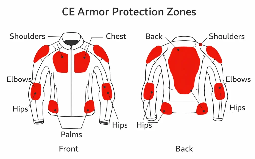 CE Rating Explained: What Do Motorcycle Armor Levels Mean? 4 CE armour protection zones diagram