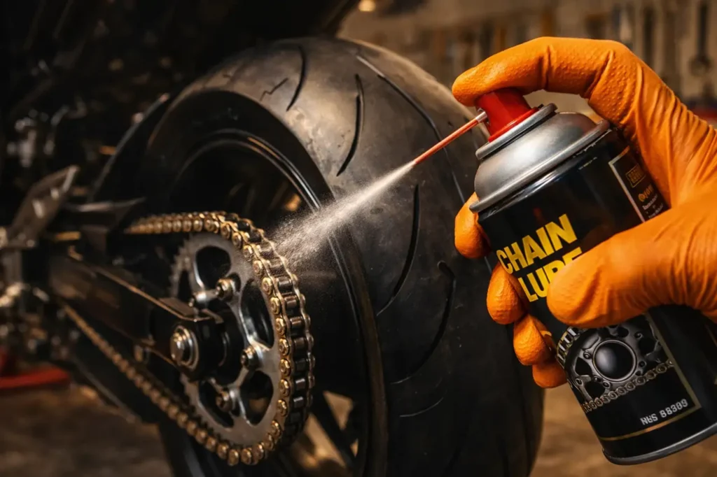 Motorcycle Chain Cleaning: How to Clean, Lube, and Adjust Like a Pro 4 Close-up of applying chain lube to a motorcycle chain