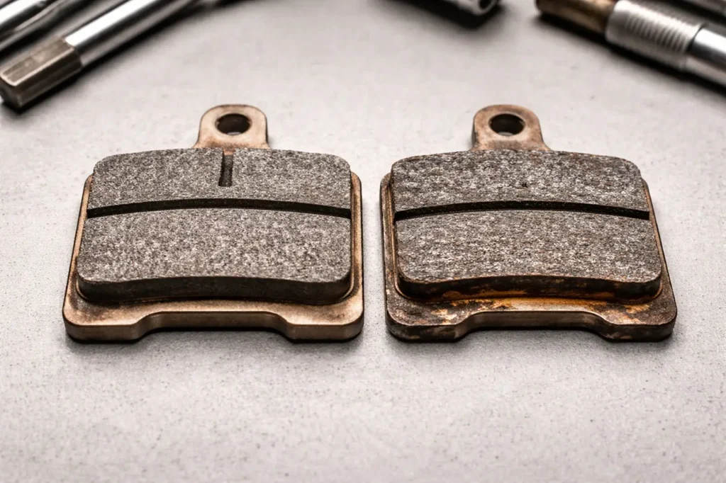 When to Replace Motorcycle Brake Pads: The Complete Guide 4 Comparison of new and worn motorcycle brake pads on a workbench