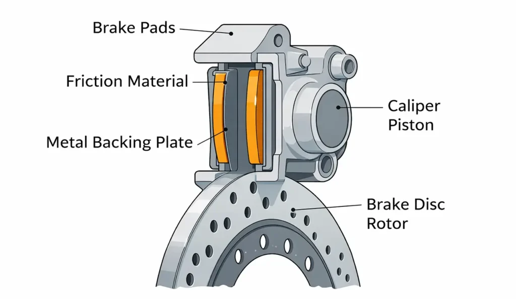 When to Replace Motorcycle Brake Pads: The Complete Guide 2 Cross-section diagram of motorcycle disc brake system showing pad thickness