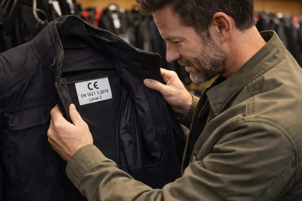 CE Rating Explained: What Do Motorcycle Armor Levels Mean? 6 Examining jacket armor certification label in store