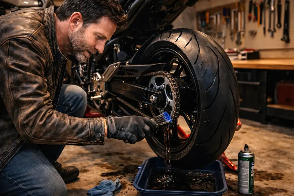 Motorcycle Chain Cleaning: How to Clean, Lube, and Adjust Like a Pro 2 Mechanic cleaning a motorcycle chain in a garage setting