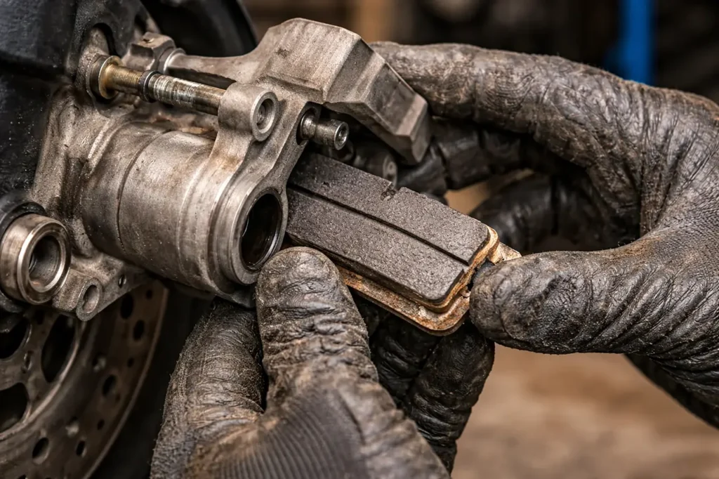When to Replace Motorcycle Brake Pads: The Complete Guide 5 Mechanic removing brake pads from a motorcycle caliper with retaining pin visible