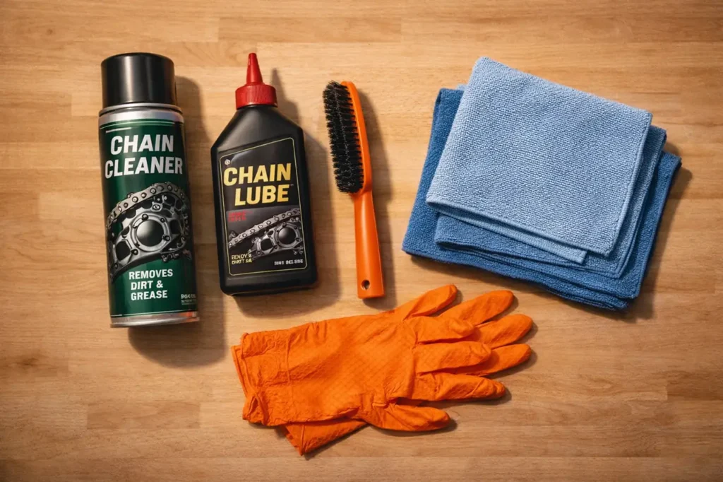 Motorcycle Chain Cleaning: How to Clean, Lube, and Adjust Like a Pro 3 Motorcycle chain cleaning products laid out on a workbench