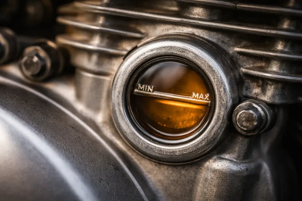 Ultimate T-CLOCS Pre-Ride Inspection Guide: Check Your Bike in 10 Minutes 5 Motorcycle engine oil sight glass showing proper level