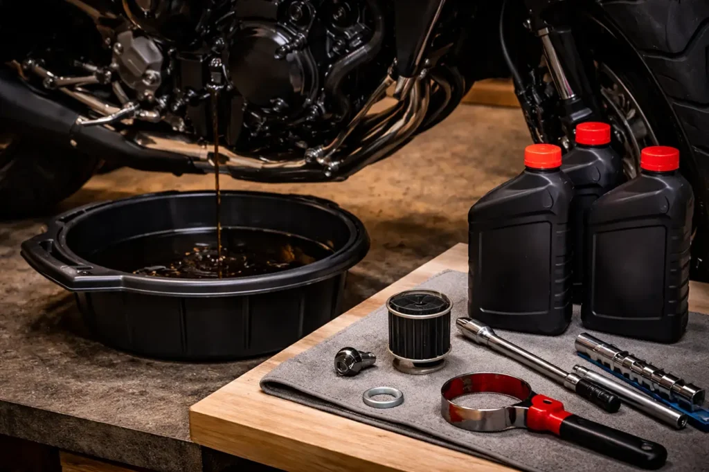 How to Change Your Motorcycle Oil at Home: Step-by-Step Guide 2 Motorcycle oil change setup in a home garage
