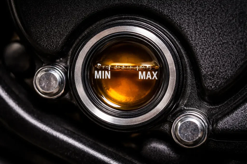 How to Change Your Motorcycle Oil at Home: Step-by-Step Guide 4 Motorcycle oil sight glass showing correct oil level