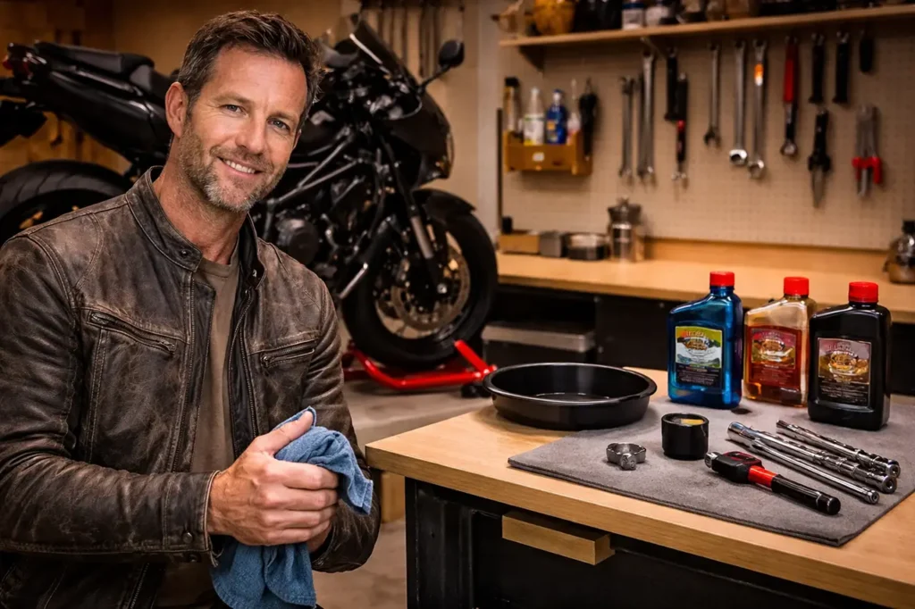 How to Change Your Motorcycle Oil at Home: Step-by-Step Guide 6 Rider completing motorcycle oil change in home garage