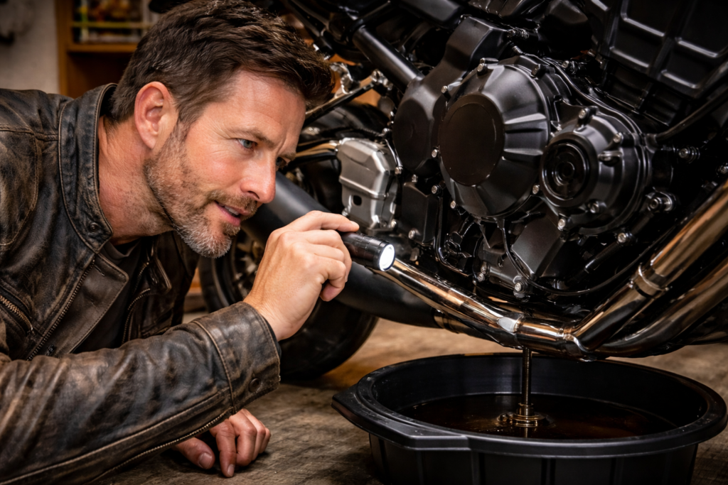 How to Change Your Motorcycle Oil at Home: Step-by-Step Guide 5 Rider inspecting motorcycle for oil leaks post-service