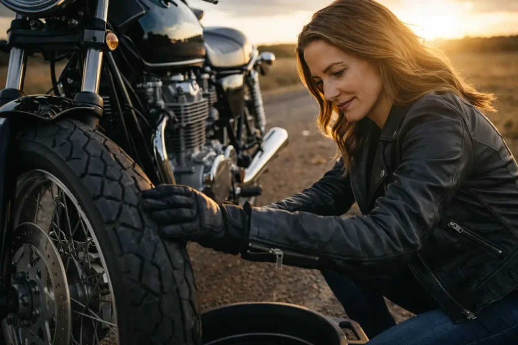 Maintenance on a Motorcycle: The Complete Guide Every Rider Needs 6 Rider inspecting motorcycle tires in field