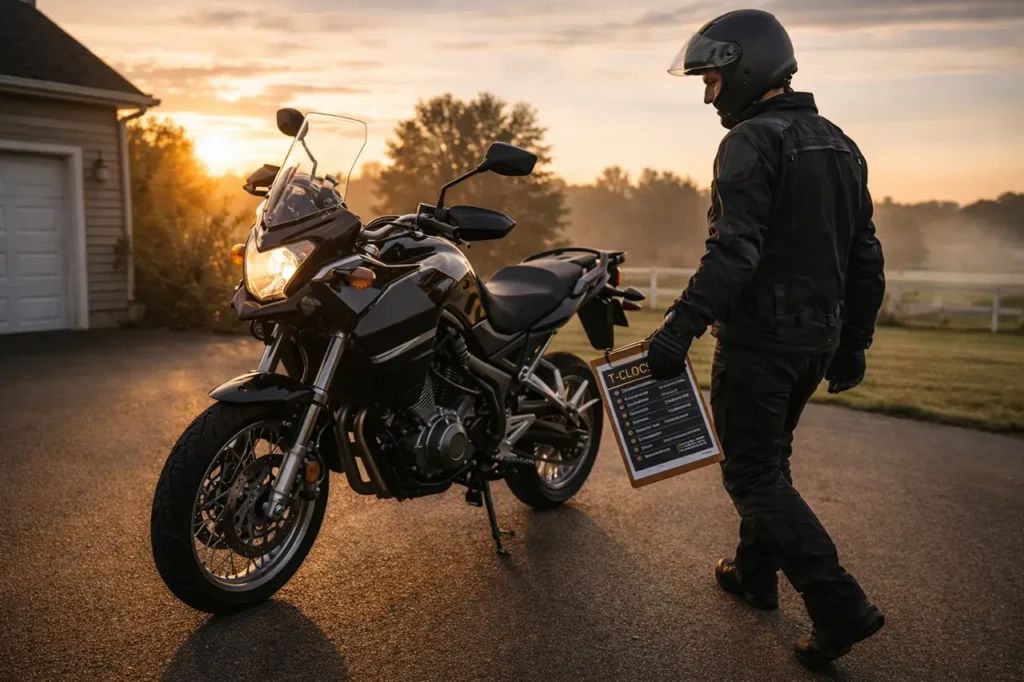 Ultimate T-CLOCS Pre-Ride Inspection Guide: Check Your Bike in 10 Minutes 6 Rider walking around motorcycle doing systematic T-CLOCS inspection
