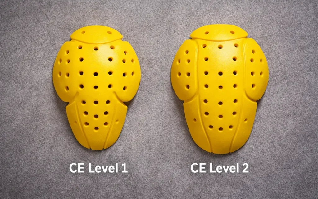 CE Rating Explained: What Do Motorcycle Armor Levels Mean? 3 Side-by-side comparison of CE Level 1 and CE Level 2 shoulder armor pads