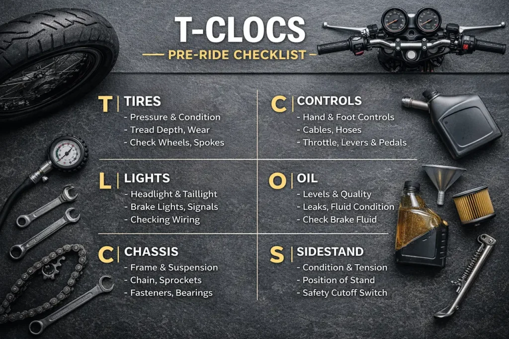 Maintenance on a Motorcycle: The Complete Guide Every Rider Needs 3 T-CLOCS pre-ride checklist infographic