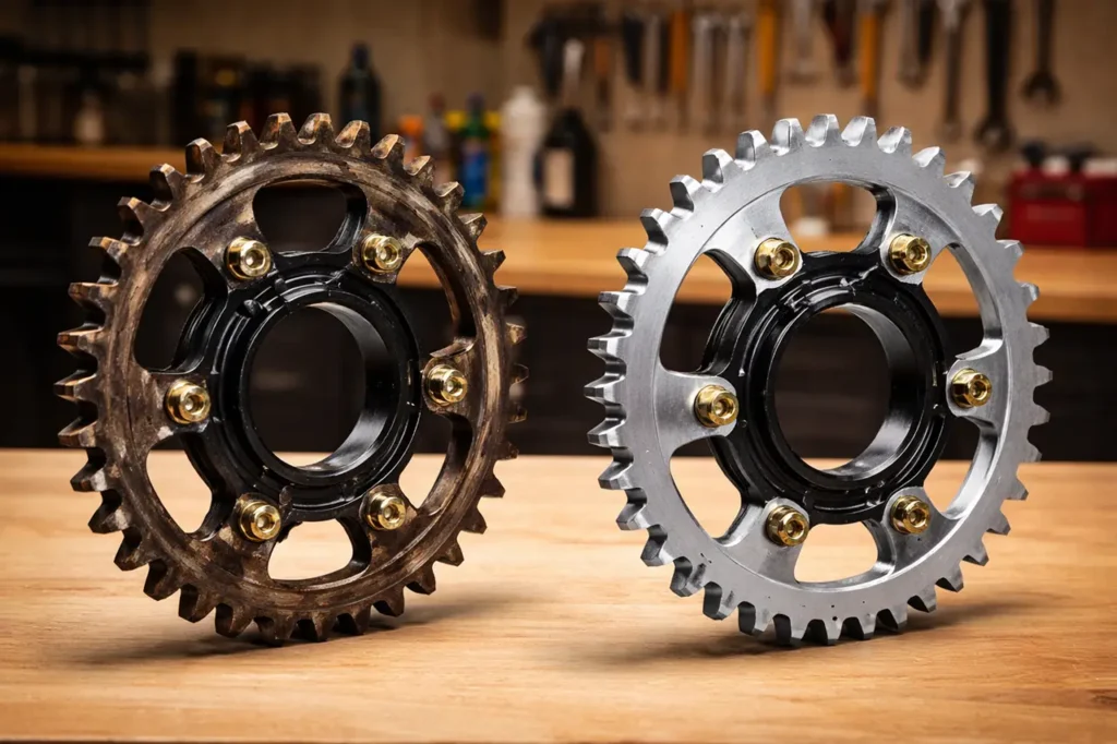 Motorcycle Chain Cleaning: How to Clean, Lube, and Adjust Like a Pro 5 Worn motorcycle sprocket next to a new one for comparison