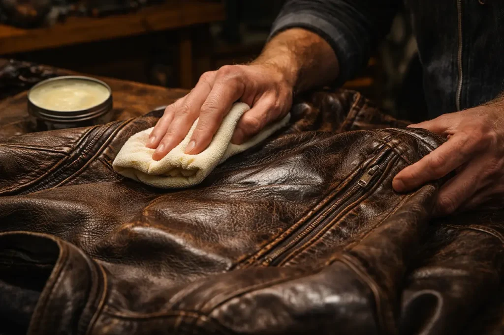 How to Break In a New Leather Motorcycle Jacket 4 applying leather conditioner to a dark brown motorcycle jacket