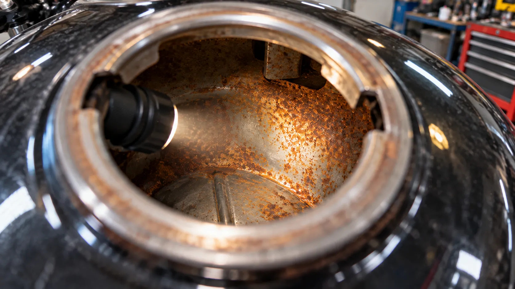 Best Motorcycle Tank Sealer: What to Put Inside a Rusty Tank (and When to Skip It) 2 Looking inside a motorcycle tank with surface rust on the inner walls