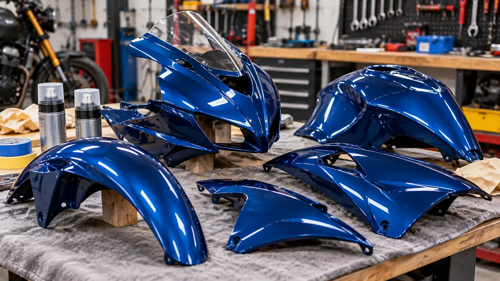 Best Spray Paint for Motorcycle Plastics: Fairings, Fenders and Panels That Don't Peel 2 Freshly painted motorcycle fairing panels and fender on a workshop bench