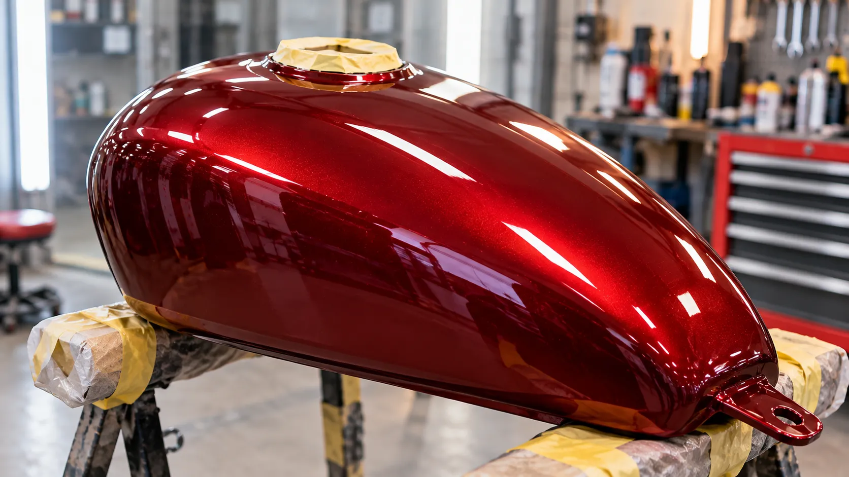 Best Paint for Motorcycle Tank: What Actually Survives Fuel, Heat and Hard Riding 2 Freshly painted motorcycle fuel tank on a workshop stand