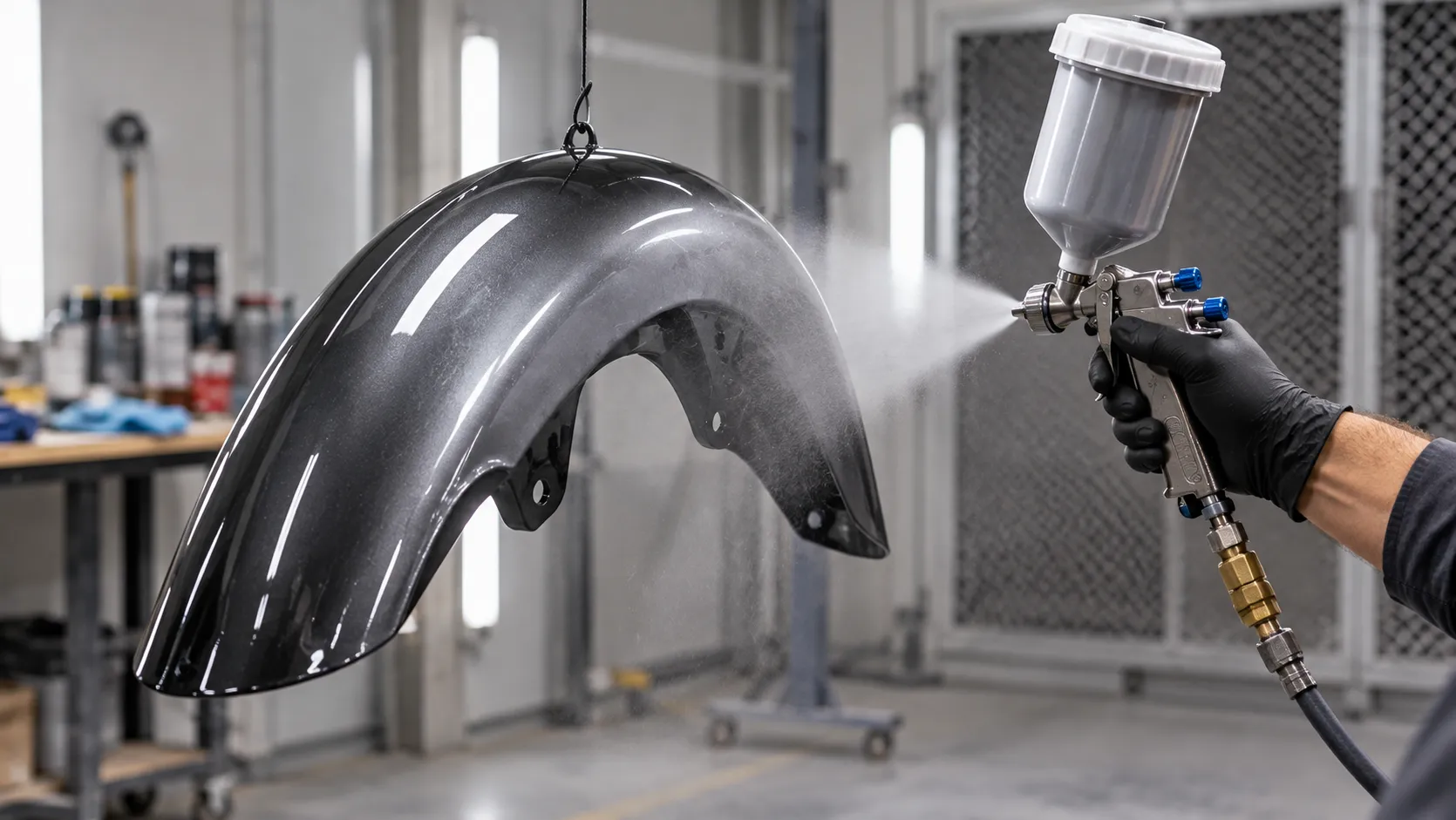 Best Spray Paint for Motorcycle Plastics: Fairings, Fenders and Panels That Don't Peel 4 Spraying a thin even coat of paint on a hanging motorcycle fender