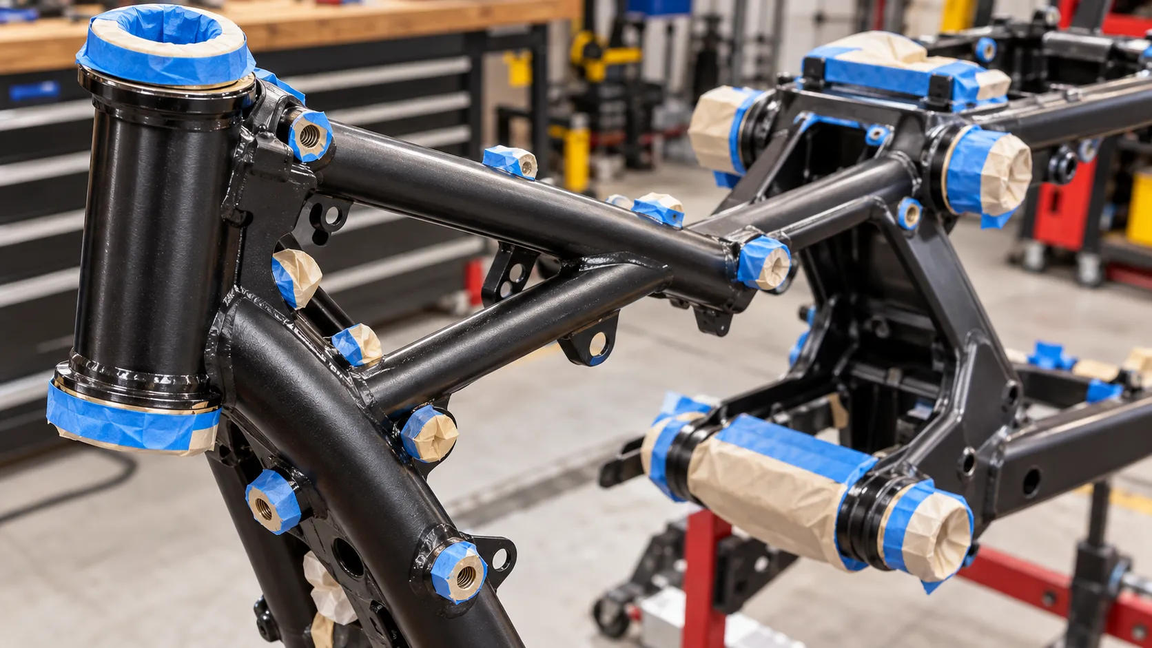 Best Paint for Motorcycle Frame: Spray, Brush or Powder Coat? What Lasts 4 Masking bearing seats and threaded holes on a motorcycle frame before painting
