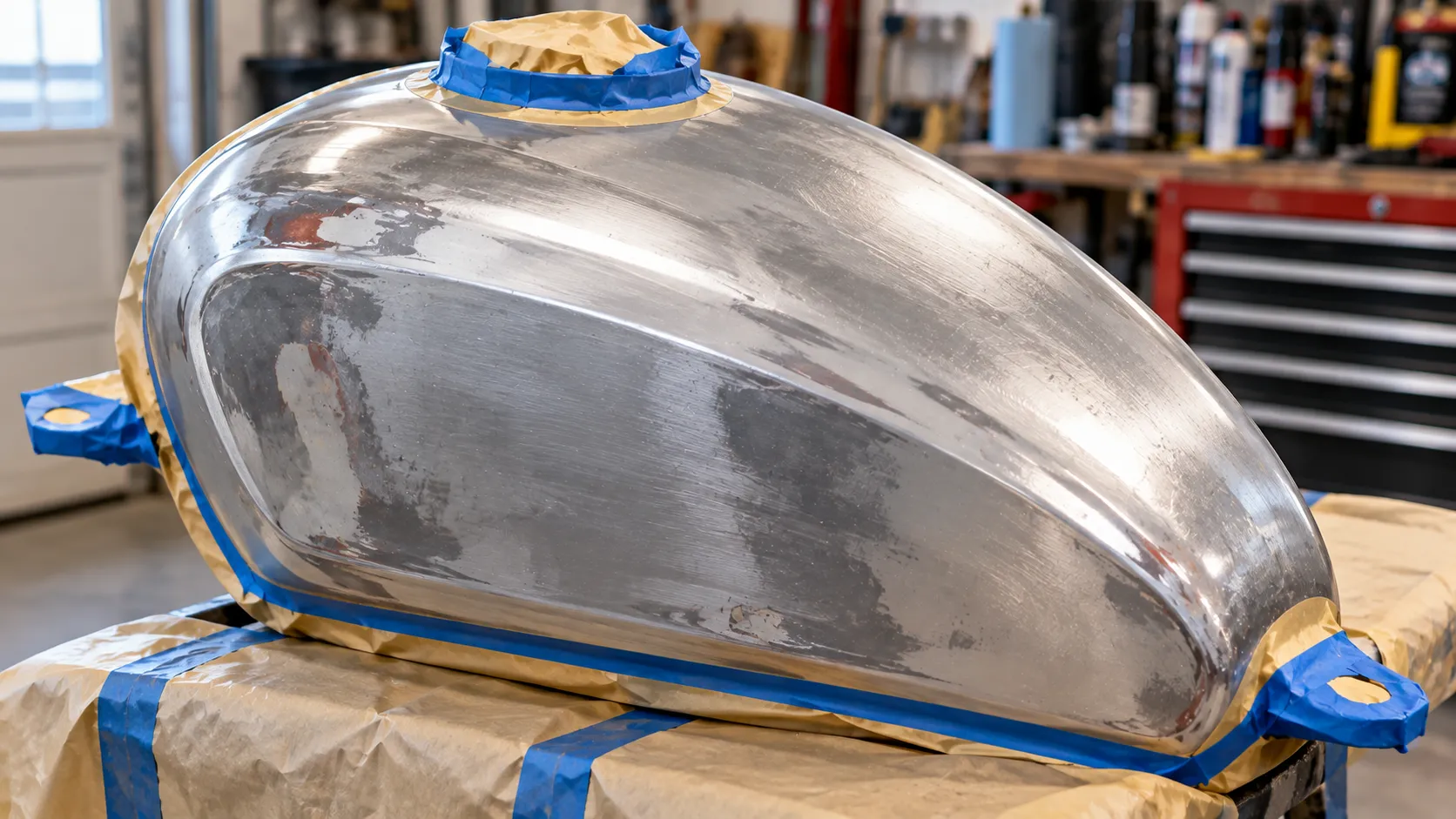 Best Paint for Motorcycle Tank: What Actually Survives Fuel, Heat and Hard Riding 4 Motorcycle tank masked and ready for primer