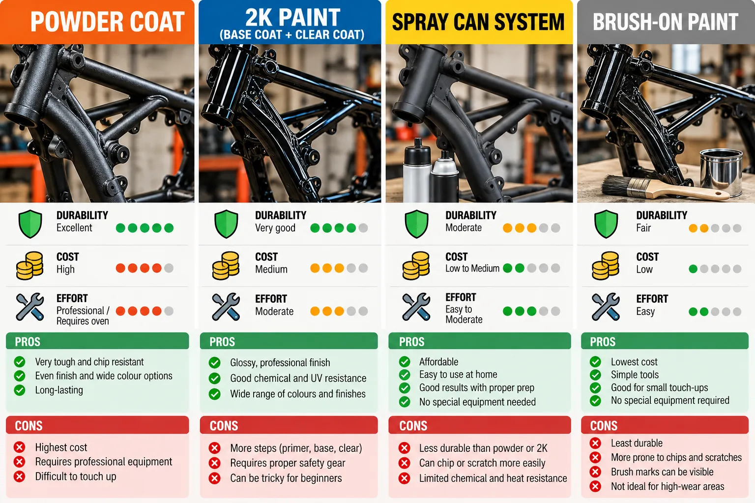 Best Paint for Motorcycle Frame: Spray, Brush or Powder Coat? What Lasts 3 Infographic comparing powder coat, 2K paint, spray can and brush paint for motorcycle frames