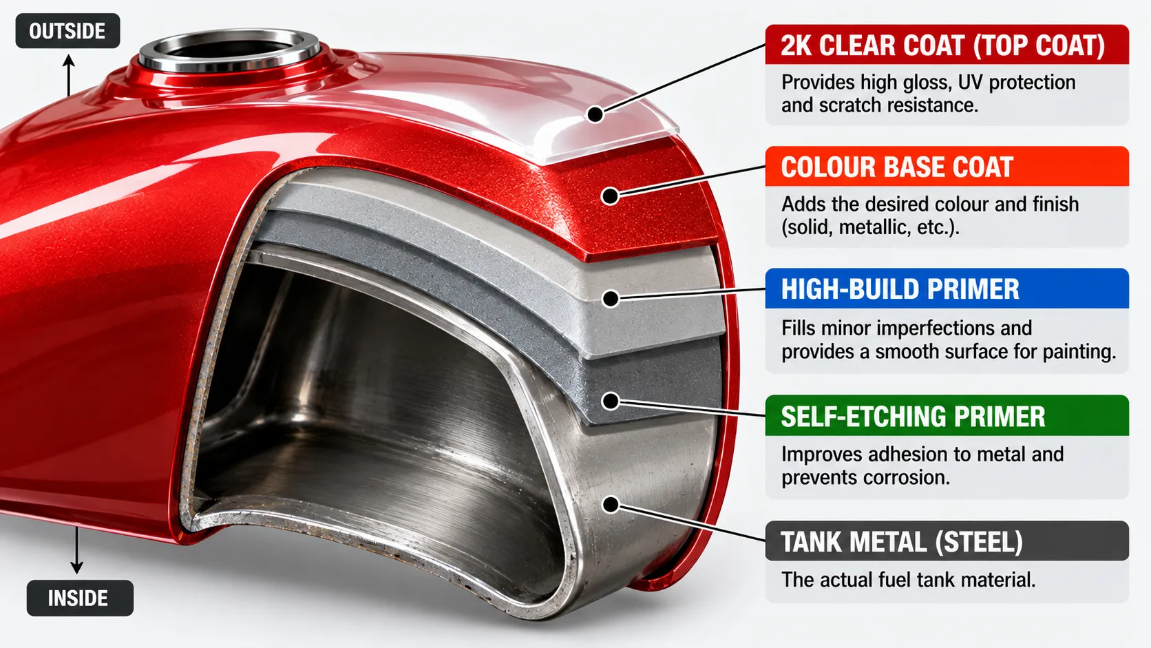 Best Paint for Motorcycle Tank: What Actually Survives Fuel, Heat and Hard Riding 3 Diagram of paint layers on a motorcycle fuel tank