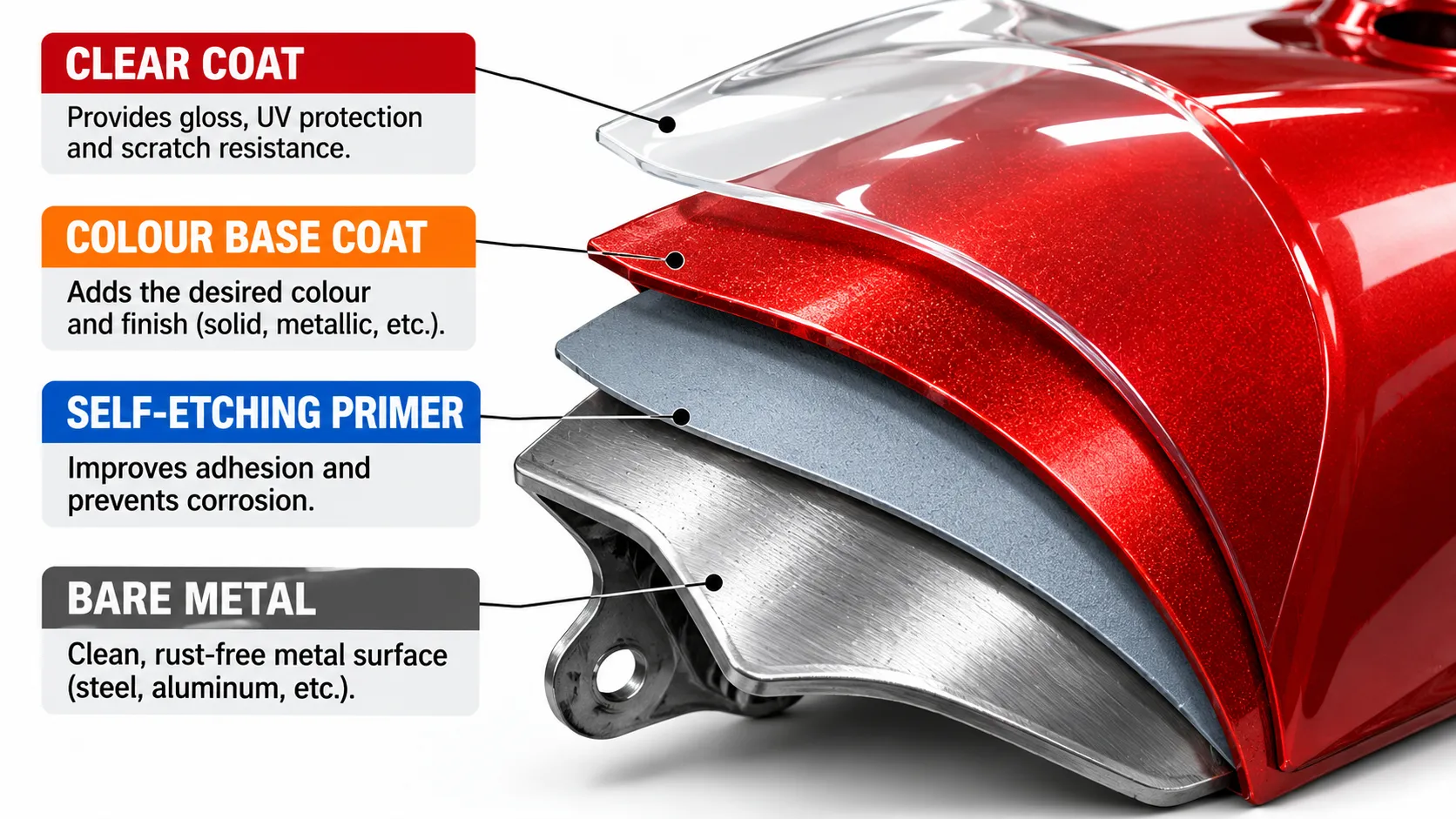 Best Spray Paint for Motorcycle: What to Use on Every Part (and What I'd Never Use Again) 2 Diagram of paint layers from bare metal to clear coat on a motorcycle part