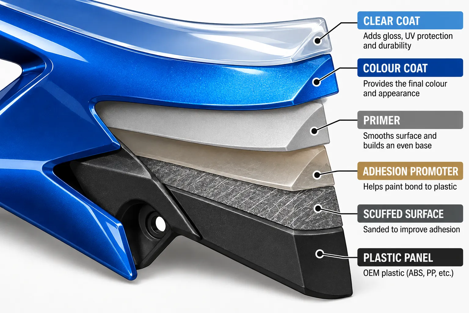 Best Spray Paint for Motorcycle Plastics: Fairings, Fenders and Panels That Don't Peel 3 Diagram of paint layers on a motorcycle plastic panel
