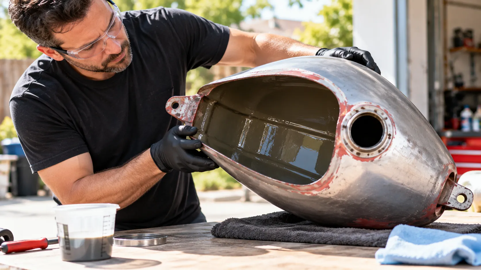 Best Motorcycle Tank Sealer: What to Put Inside a Rusty Tank (and When to Skip It) 4 Rotating a motorcycle tank to coat the inside with sealer