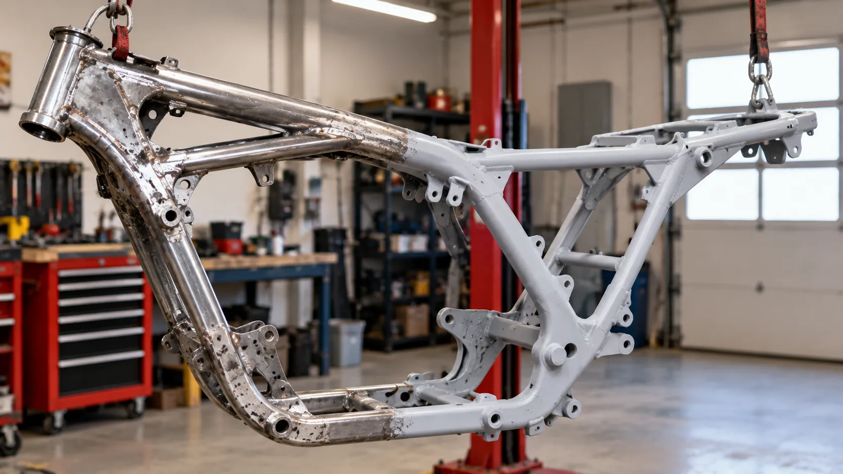 Best Paint for Motorcycle Frame: Spray, Brush or Powder Coat? What Lasts 2 Motorcycle frame on a hoist, half stripped and half primed