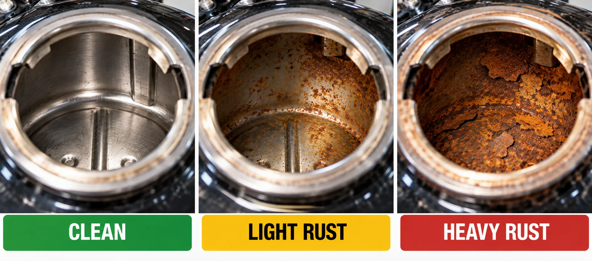 Best Motorcycle Tank Sealer: What to Put Inside a Rusty Tank (and When to Skip It) 3 Comparison of clean, lightly rusted and heavily rusted motorcycle tank interiors