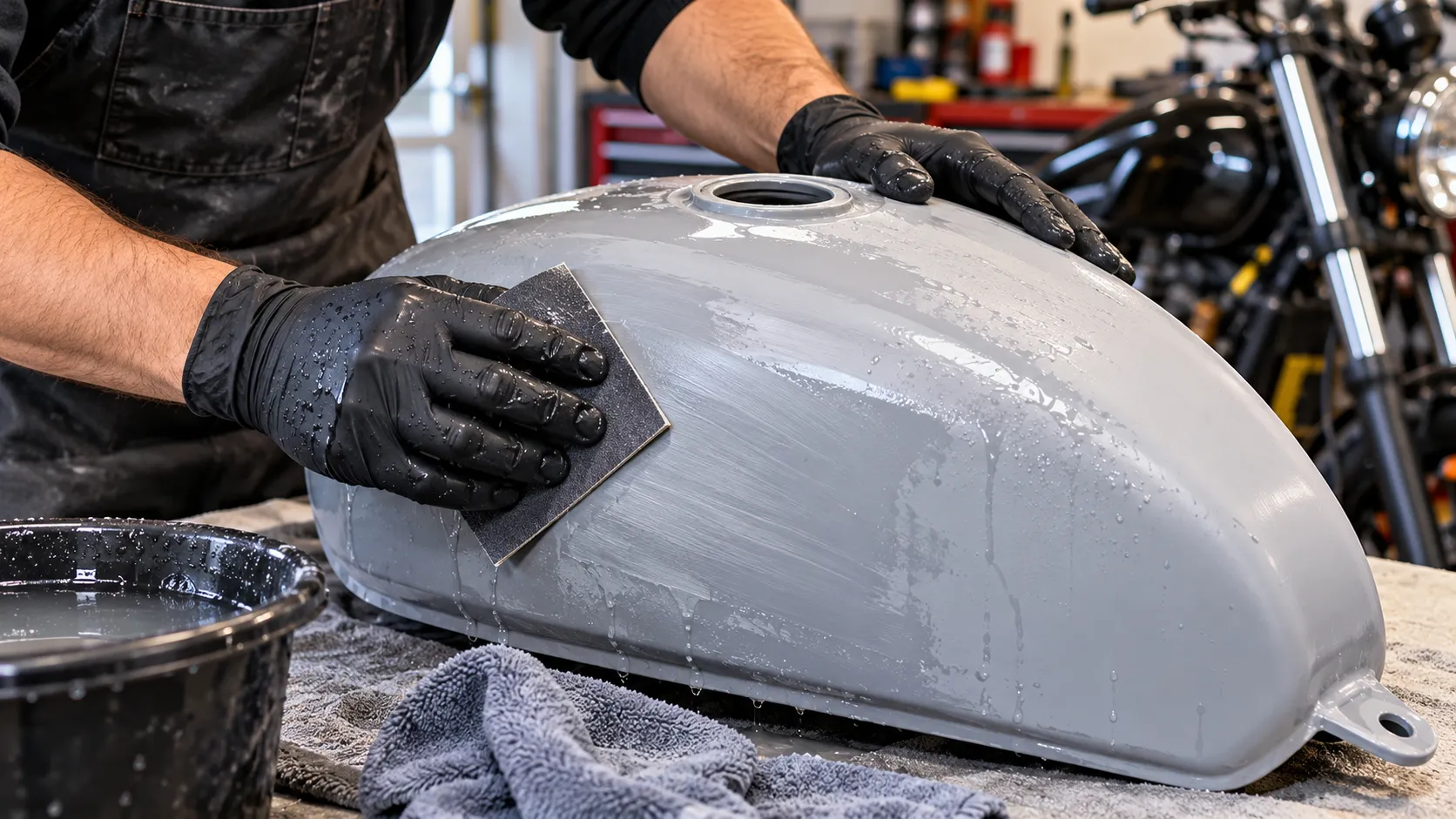 Best Spray Paint for Motorcycle: What to Use on Every Part (and What I'd Never Use Again) 3 Wet sanding primer on a motorcycle tank before applying colour coat